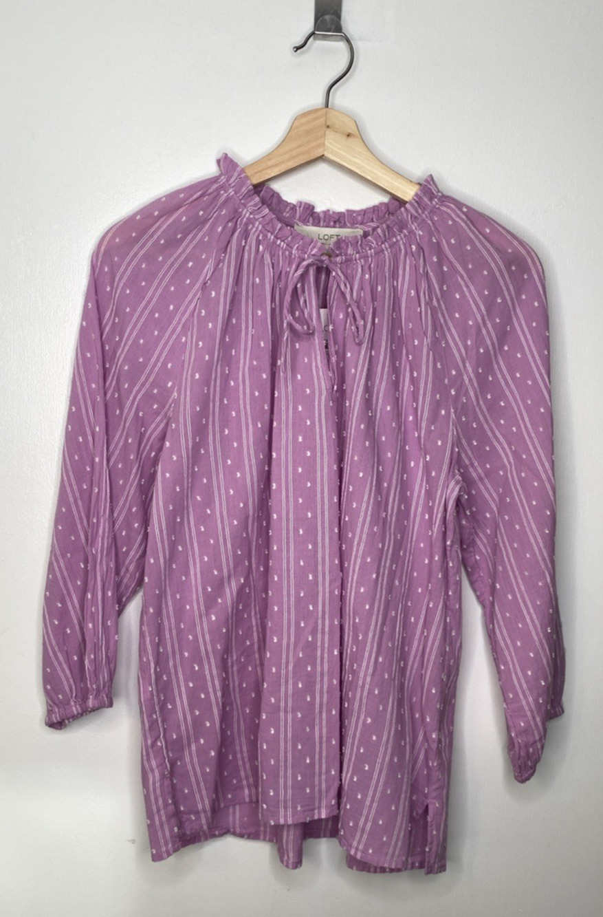 NWT LOFT Purple White Dot Blouse Cotton Size M